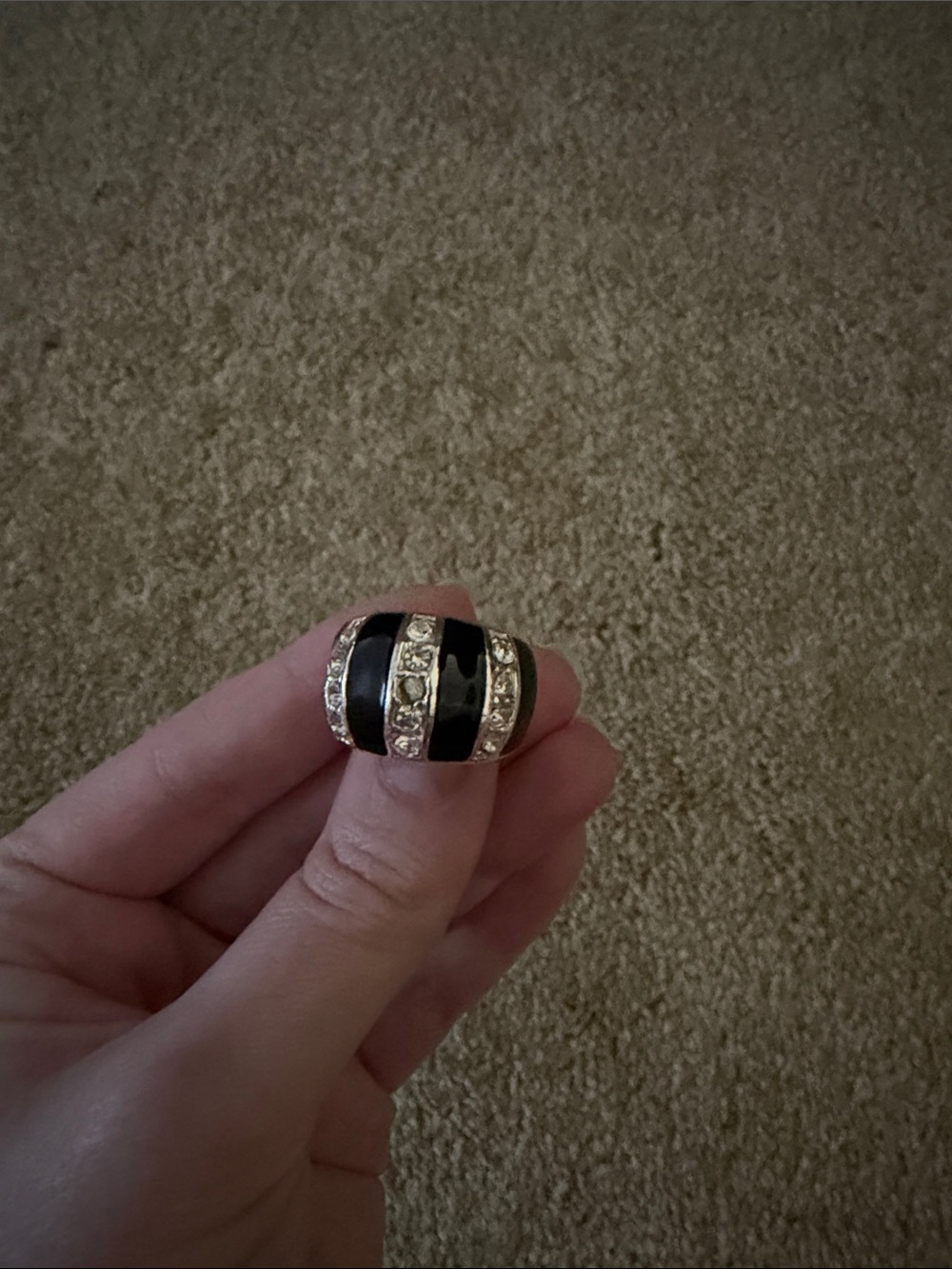 Black and Silver Striped Dome Ring with Clear Crystal Accents